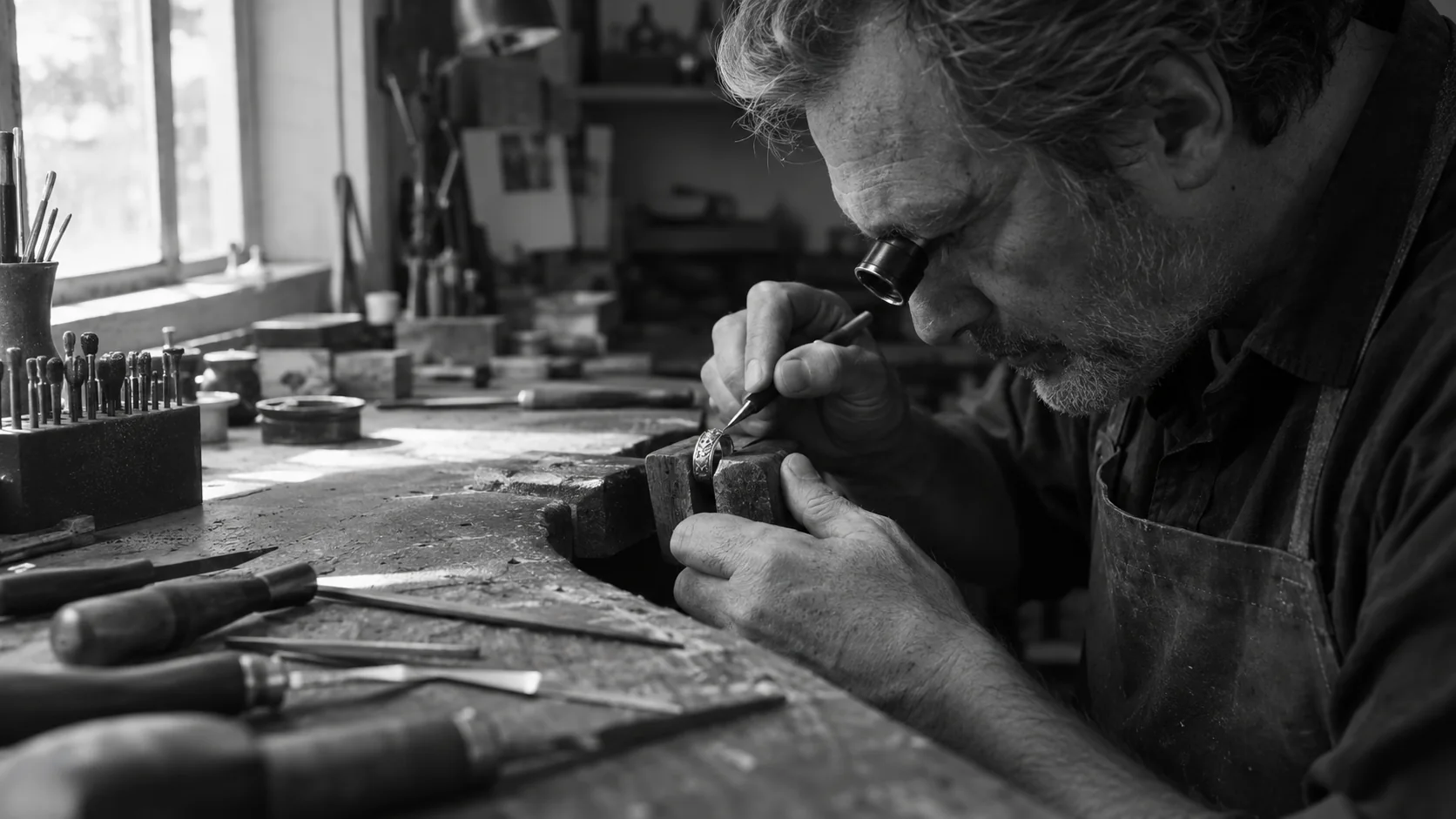 Bench jeweler with a loupe to his eye, hand-engraving a ring held in a wooden clamp