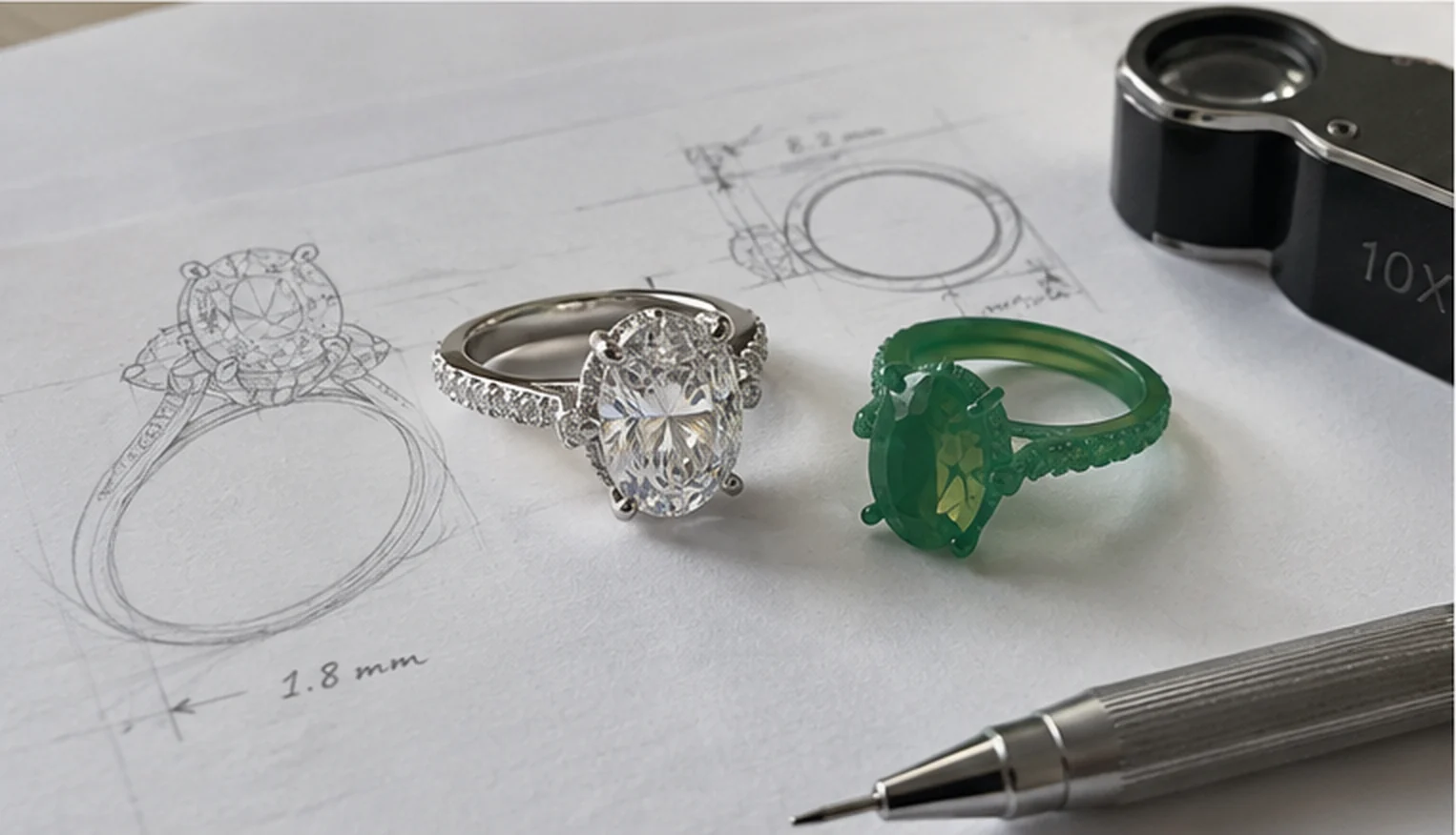 Finished oval diamond ring beside its green wax model on the pencil design sketch, with a loupe and pencil