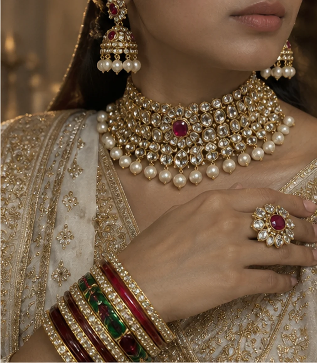 Kundan and pearl choker, jhumka earrings, a ruby kundan ring and stacked enamel bangles over gold-embroidered ivory silk