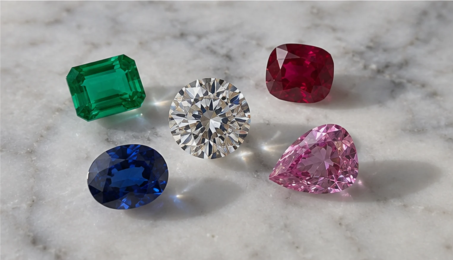 Five loose gemstones on marble: emerald, round diamond, ruby, sapphire and pink sapphire