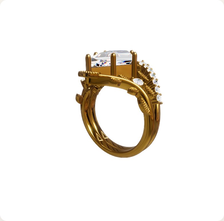 Custom 18k yellow gold commission with emerald-cut center stone